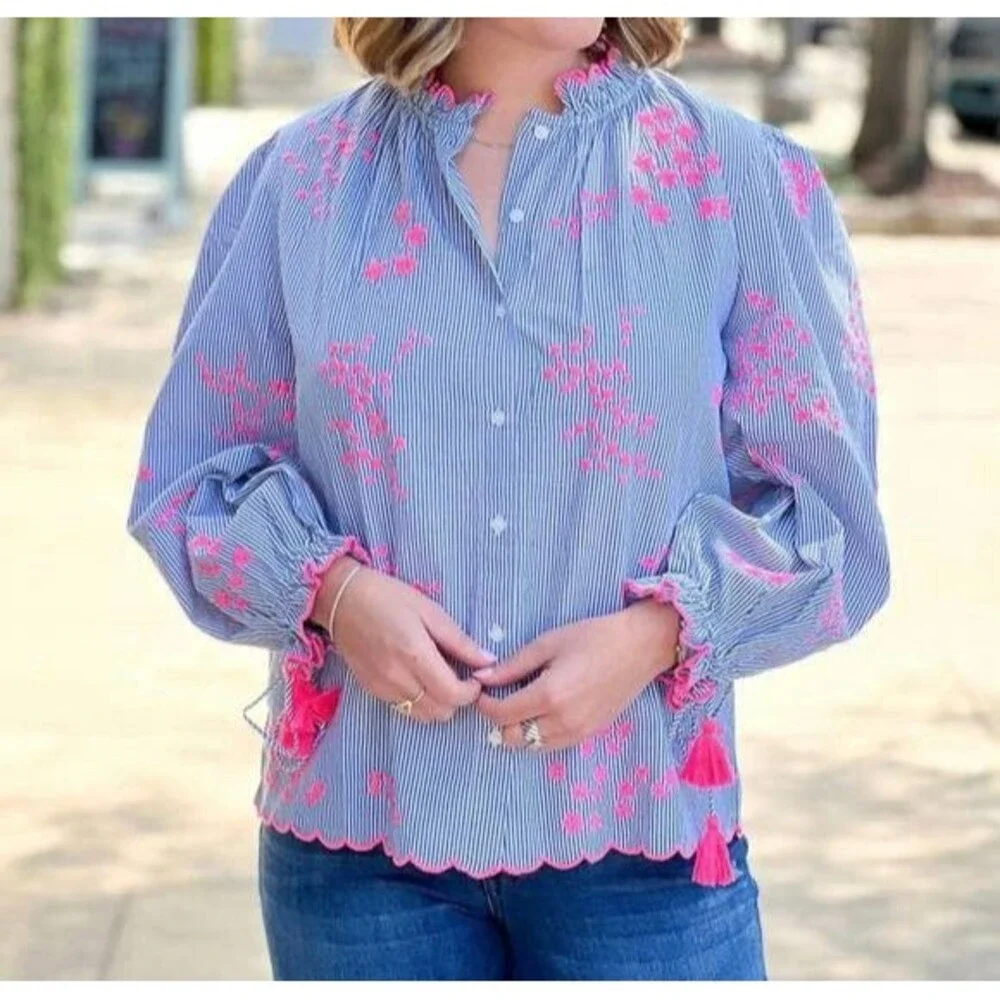 VILAGALLO Aurora embroidered Blouse in stripe pink embroidery Sz S Blue White - Picture 1 of 10
